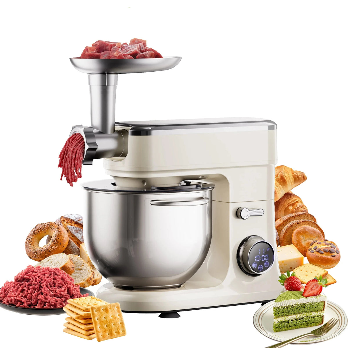 White kitchen mixer with food attachments on a white background, featuring the BioloMix brand.