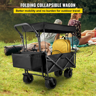Folding Collapsible Wagon Cart with Adjustable Handle, Removable Canopy — 600D Oxford Utility Beach & Camping Cart