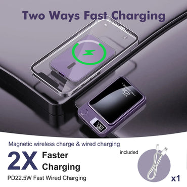 Magnetic Wireless Power Bank 22.5W Fast Charger — 10,000/5,000mAh Portable USB-C & Wireless Power Bank with LED Display, Built-in Cable