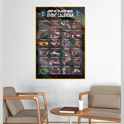 Gifts and Temptations 2026 Formula Racing Event Calendar Poster Track Layouts with National Flags, Wall Art Print