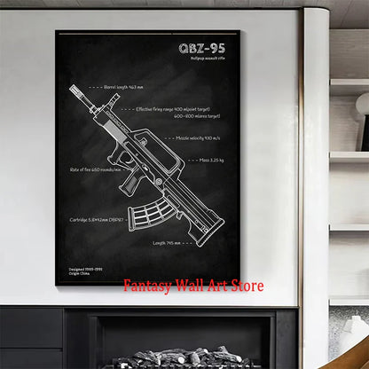 Weapons Blueprint Poster Black Board Guns Blueprint Wall Art Canvas Painting Military Enthusiast Home Room Wall Decor Gunfight