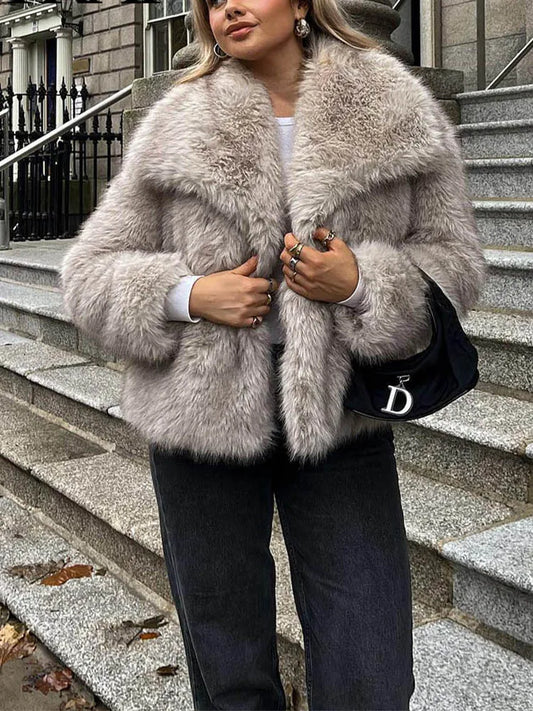 Cropped Faux Fur Jacket for Women – Long Sleeve Snap-Button Lapel Collar Thick Winter Coat