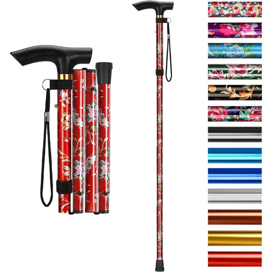 Adjustable Foldable Flower-Top Aluminum Walking Cane – T-Handle Portable Hiking Stick, 32–36 in (82–92 cm)