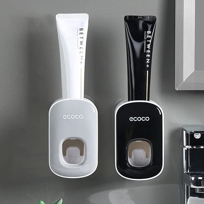 Automatic Wall-Mounted Toothpaste Dispenser with Toothbrush Holder — Suction Adhesive, Black/Gray