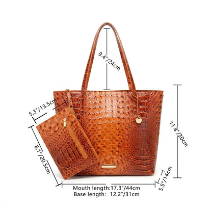Crocodile-Embossed PU Leather Tote Bag Set – Spacious Bucket Shoulder Handbag with Detachable Zipper Pouch for Women, 14 Colors