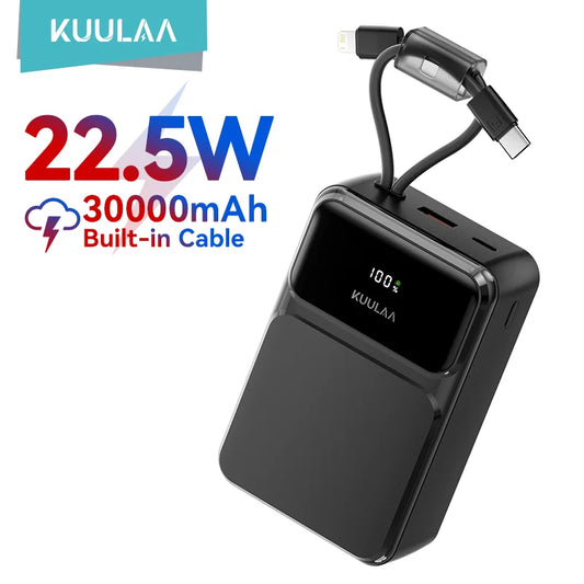 30000mAh 22.5W Portable Power Bank with Built-in Cables — Fast Charger USB-C & USB-A, 4-Device Portable Charger