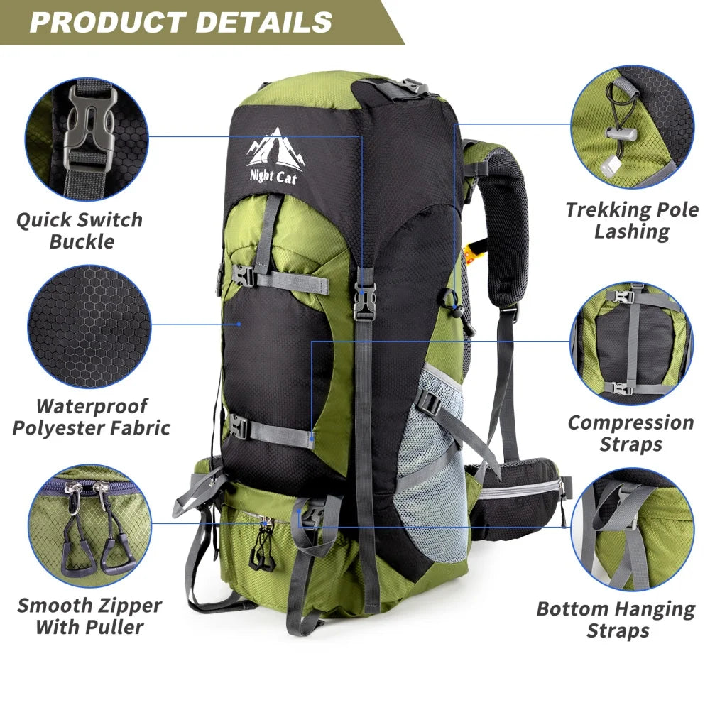 Night Cat 70L / 90L Hiking Backpack with Rain Cover – Waterproof Camping Rucksack for Men & Women