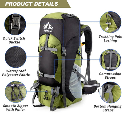 Night Cat 70L / 90L Hiking Backpack with Rain Cover – Waterproof Camping Rucksack for Men & Women