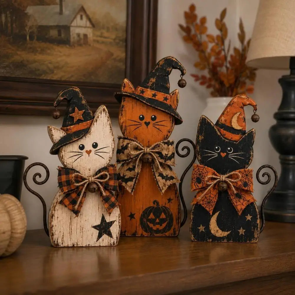 Halloween Wooden Cat Ornament Set, White, Orange and Black