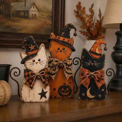 Halloween Wooden Cat Ornament Set, White, Orange and Black