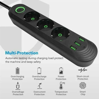 EU Plug 2m (6.6ft) 2500W Power Strip 3 EU Sockets 3 USB Fast Charging Surge Protector with On/Off Switch