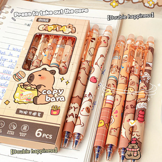 Capybara Erasable Gel Pens 6-Pack Refillable 0.5mm Smudge-Free Cute Animal Stationery for School & Office
