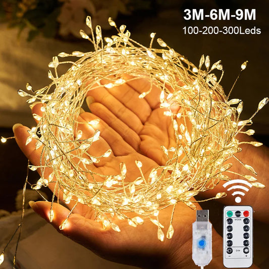 USB LED Firecracker String Lights 3/6/9M (9.8/19.7/29.5 ft) Remote-Controlled Fairy Garland for Wedding Party Garden Christmas