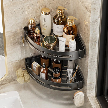 3/2/1-Pack No-Drill Adhesive Corner Shower Caddy – Wall-Mounted Bathroom Shelf for Shampoo & Towels, Space Aluminum & Plastic, Black