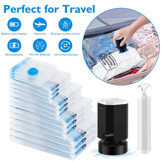 8–18 Pc Vacuum Storage Bags with Wireless Rechargeable Pump – Space Saver Compression Bags for Clothes, Blankets & Travel