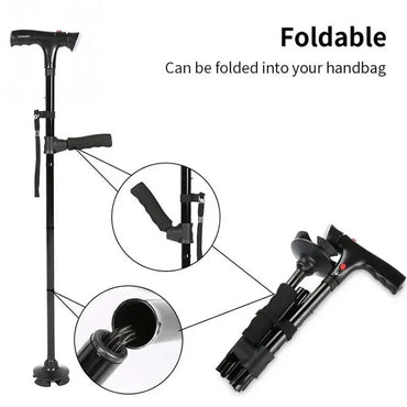 Collapsible Telescopic Walking Cane with LED Light & Alarm, Adjustable 4-Point Quad Base T-Handle for Seniors
