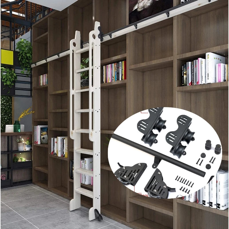 DIYHD 6.6FT Retractable Sliding Library Ladder Hardware Kit - Round Tube, Floor Roller with Brake, Black & Silver