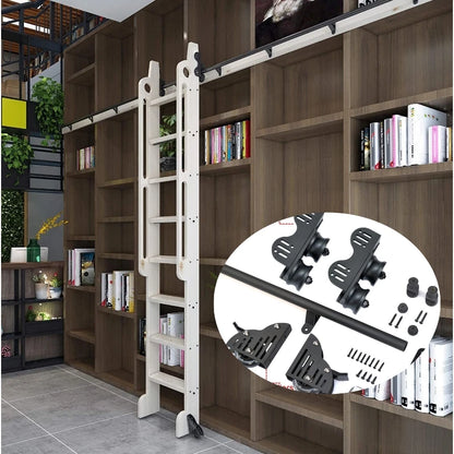 DIYHD 6.6FT Retractable Sliding Library Ladder Hardware Kit - Round Tube, Floor Roller with Brake, Black & Silver