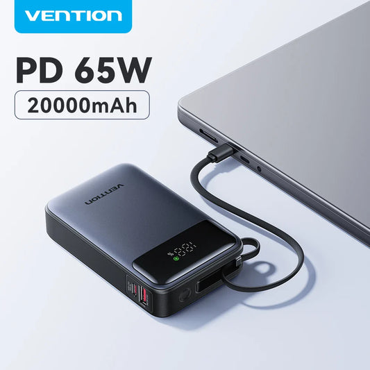 65W PD 20000mAh Portable Power Bank with Built-In USB-C Cable — Fast Charging for Laptops, iPhone & Tablets