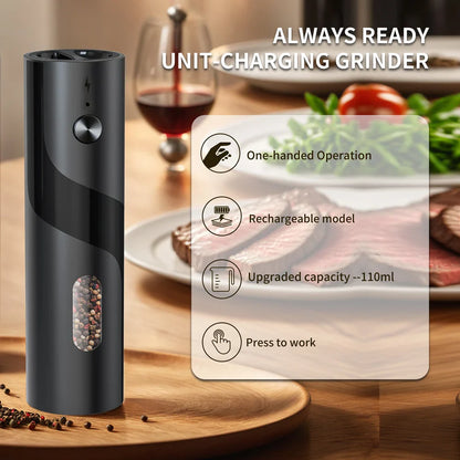 2-Pack USB Rechargeable Electric Salt and Pepper Grinder Set, Adjustable Coarseness, LED Light, Ceramic Core Top-Fill Spice Mills for Kitchen
