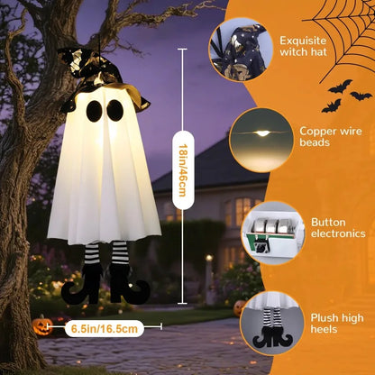 Halloween Light-Up Hanging Ghost Decoration – 3 Flashing Modes, Witch Hat & Plush Heels, 46cm, Indoor & Outdoor – 1PC or 3-Pack