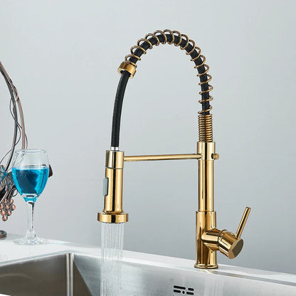 Brushed Gold Pull-Down Kitchen Faucet, Spring Spout Single-Handle Deck-Mount Hot & Cold Mixer