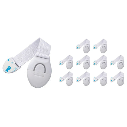Child Safety Strap Locks — Adhesive No-Drill Cabinet & Drawer Latches, Adjustable, 1-Pack or 10-Pack