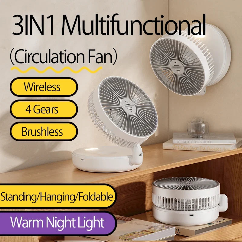 2024 New 5000mAh Rechargeable 3IN1 Multifunctional Portable Fan Wall Mounted Fan 90° Folding Fan 4 Gears With Warm Night Light