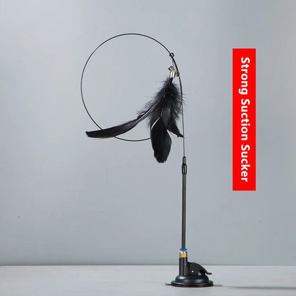 Interactive Cat Feather Teaser Wand with Bell, Extendable Rod, Suction Cup & Replaceable Feather Head