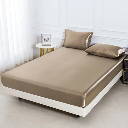 Satin Fitted Sheet Set 3-Piece (1 Fitted Sheet + 2 Pillowcases) Soft Breathable Solid Color Bedding