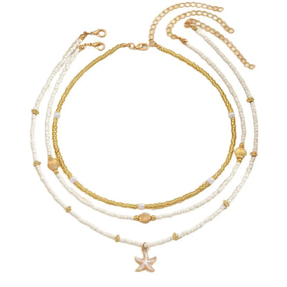 Bohemian Beaded Starfish & Shell Pendant Necklace – Layered Summer Beach Jewelry for Women