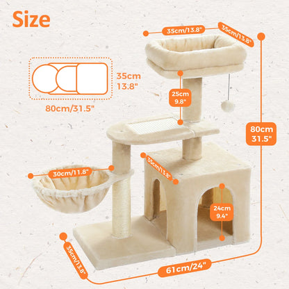 3-Tier Indoor Cat Tree Tower with Sisal Scratching Posts, Large Hammock & Removable Top Perch – Grey