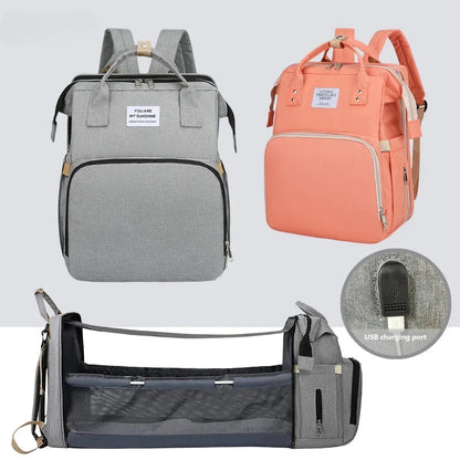 Foldable Diaper Bag with Portable Folding Crib Bed Lightweight Large-Capacity Baby Backpack