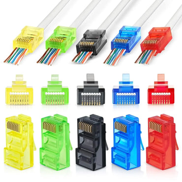 50-Pack RJ45 Pass-Through Connectors CAT5e Unshielded UTP Crystal Heads for Solid & Stranded Cables (Assorted Colors)
