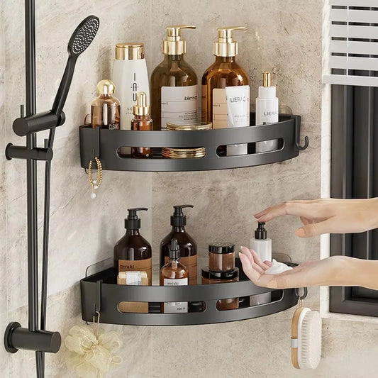 3/2/1-Pack No-Drill Adhesive Corner Shower Caddy – Wall-Mounted Bathroom Shelf for Shampoo & Towels, Space Aluminum & Plastic, Black