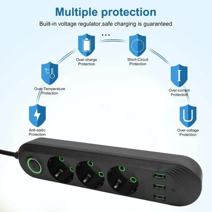 EU Plug 2m (6.6ft) 2500W Power Strip 3 EU Sockets 3 USB Fast Charging Surge Protector with On/Off Switch