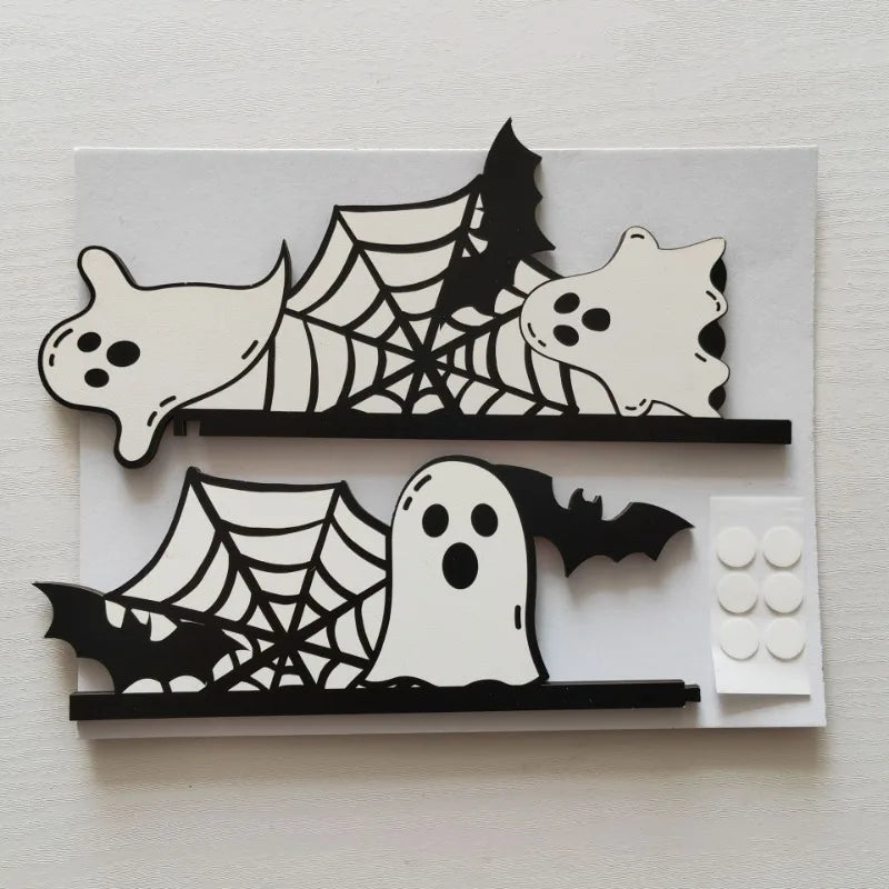 Halloween Wooden Door Frame Corner Decoration – Gothic Spider, Bat & Ghost Ornament for Home Door & Window – 8 Designs