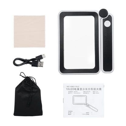 4X Rechargeable LED Handheld Magnifier, Wide Rectangular Reading Loupe with 10 LEDs and USB-C Charging