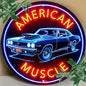 1pc Vintage-Inspired American Muscle Car Neon Sign Round Aluminum Wall Art With Sleek Edges, Bright Red & Blue, Perfect For Cafe