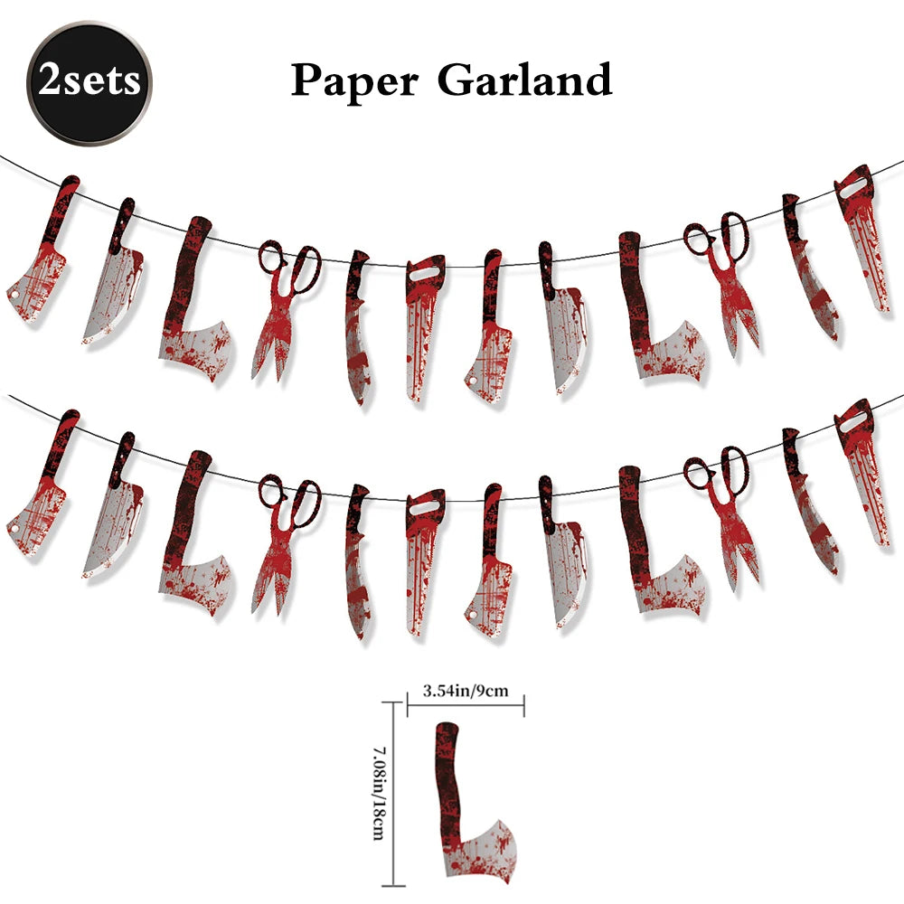 Halloween Banner & Bloody Butcher Knife Paper Garland Set – Happy Halloween Sign & Killer Tools Garland for Haunted House & Party Decor