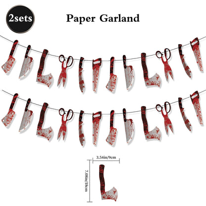 Halloween Banner & Bloody Butcher Knife Paper Garland Set – Happy Halloween Sign & Killer Tools Garland for Haunted House & Party Decor