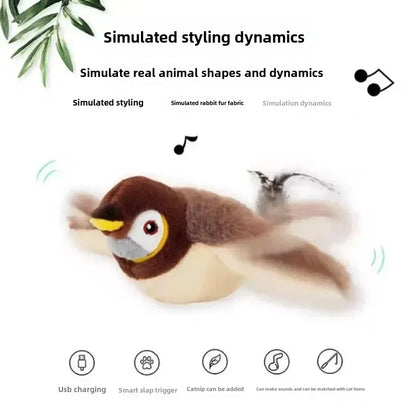 Rechargeable Interactive Plush Bird Cat Toy with Catnip — Touch-Activated Flapping & Chirping, USB Rechargeable