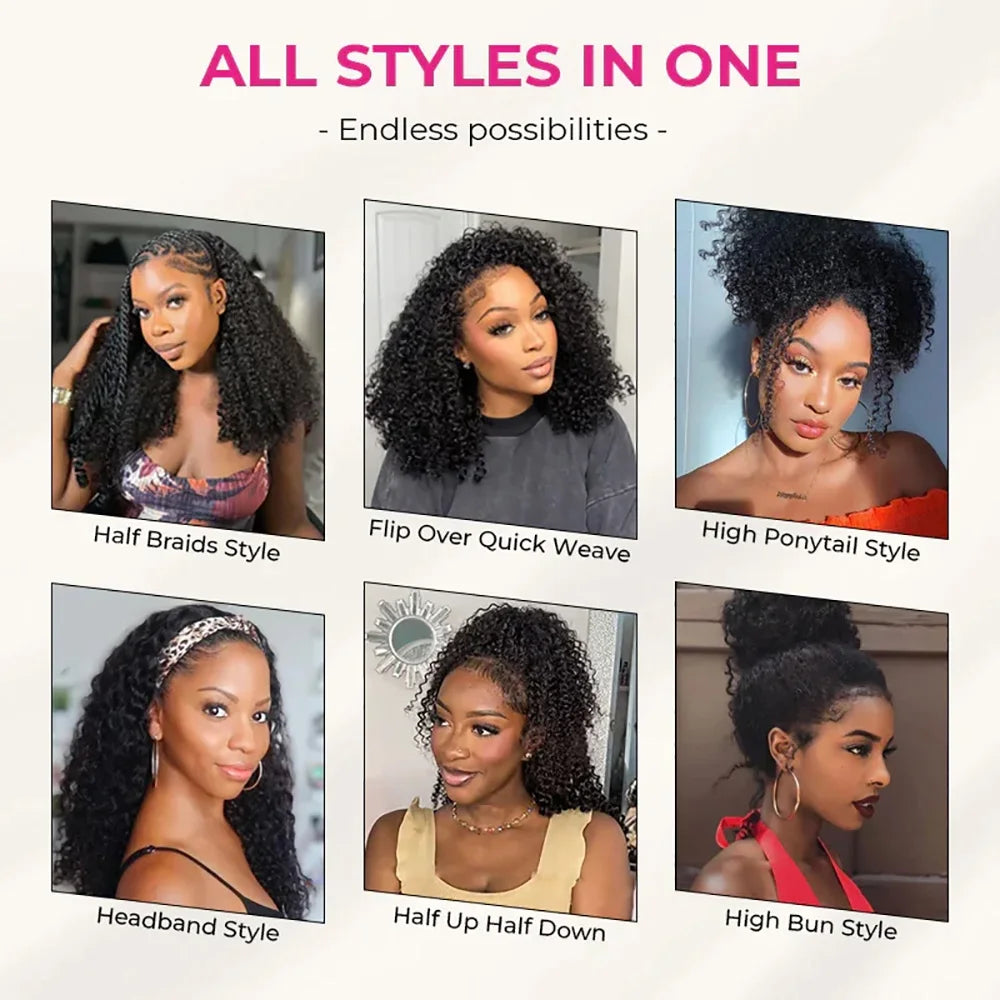 Ainmeys 3-in-1 Kinky Curly Half Wig - Glueless, Drawstring, Remy Human Hair, 180%-200% Density, 16-32 Inch