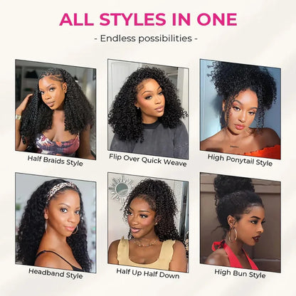 Ainmeys 3-in-1 Kinky Curly Half Wig - Glueless, Drawstring, Remy Human Hair, 180%-200% Density, 16-32 Inch
