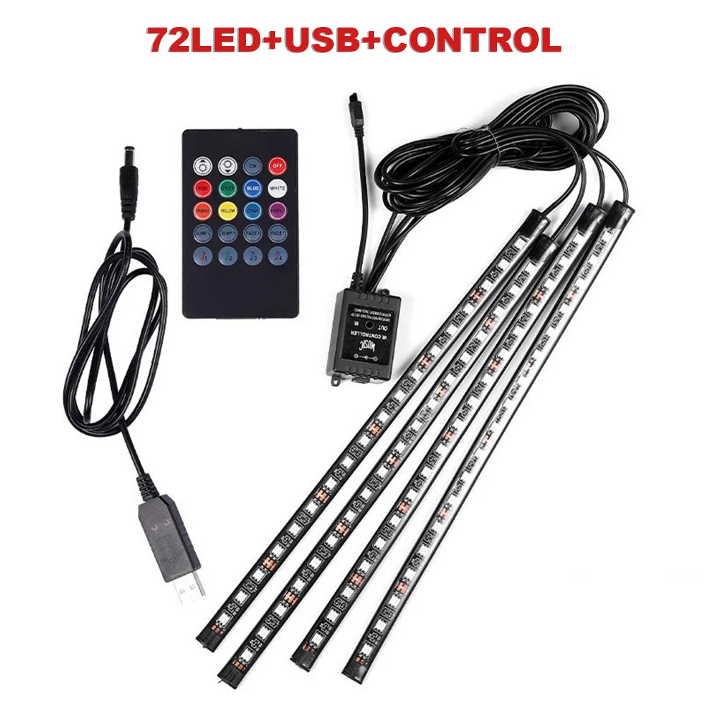 36/48/72 LED RGB Car Interior Footwell Ambient Light Strip USB or Cigarette Lighter Powered Remote, Voice & App Control