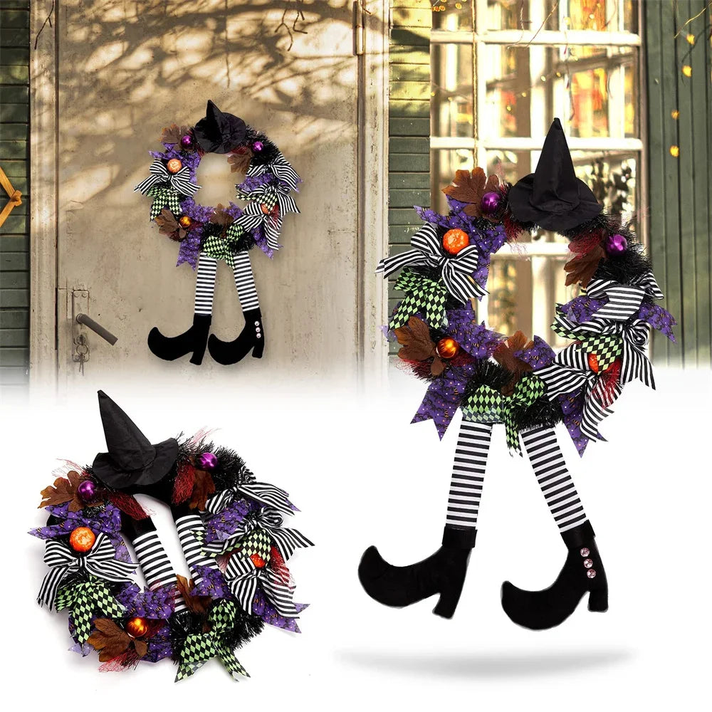 Halloween Witch Leg Pumpkin Wreath - Vintage Rattan Front Door Garland with Acorn, Maple Leaf & Pumpkin Decor for Outdoor Party Display