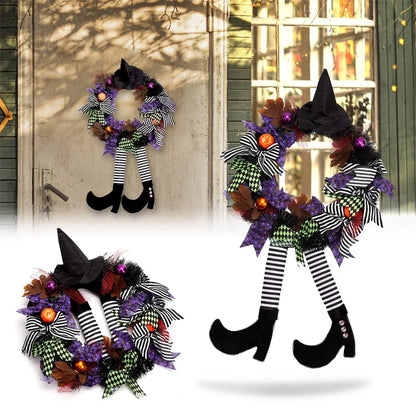 Halloween Witch Leg Pumpkin Wreath - Vintage Rattan Front Door Garland with Acorn, Maple Leaf & Pumpkin Decor for Outdoor Party Display
