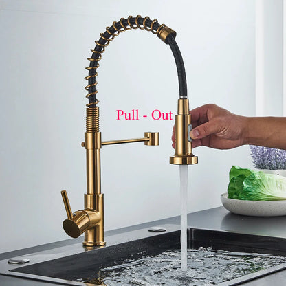 Brushed Gold Pull-Down Kitchen Faucet, Spring Spout Single-Handle Deck-Mount Hot & Cold Mixer