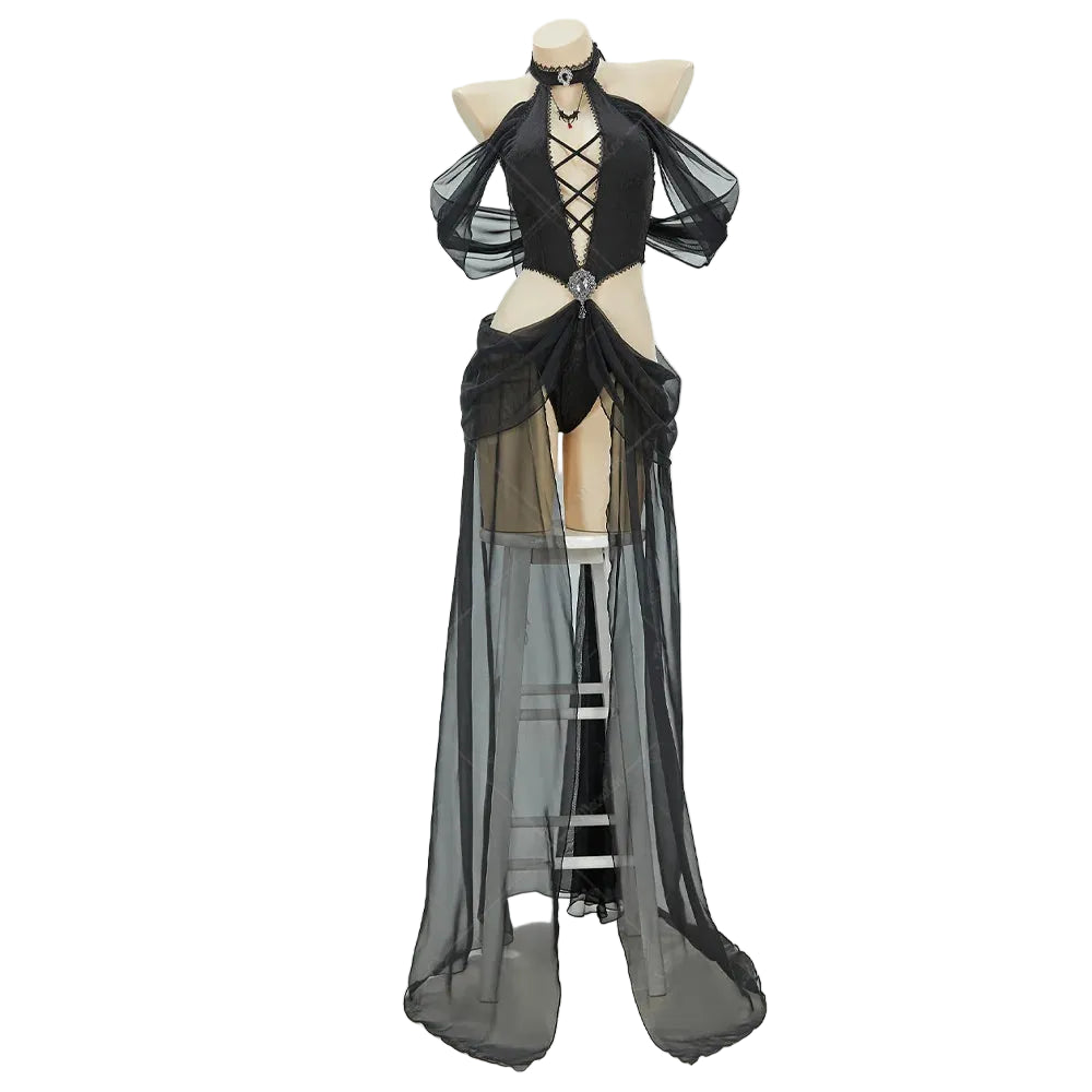 A gothic-style black sheer mesh costume dress displayed on a mannequin torso against a plain white background. The dress features dramatic long sleeves, a lace-up halter neckline, a draped waist, and a long flowing overlay.