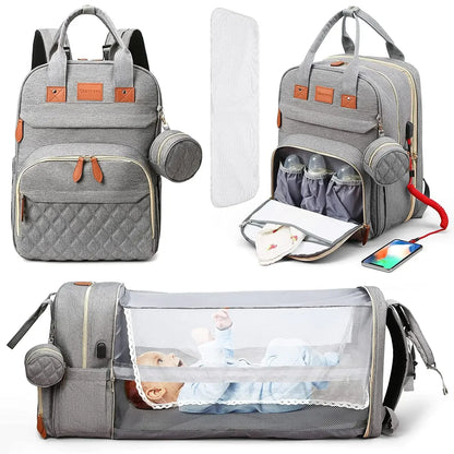 3-in-1 Diaper Bag Backpack with Foldable Changing Bed, Waterproof Travel Bag with USB Charging Port